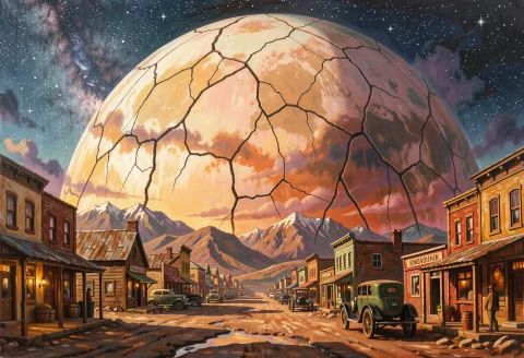 A Frontier Town Under A Cracked Dome Sky, Acrylic Painting,... — Stable Diffusion AI Prompt: a frontier town under a cracked dome sky, acrylic painting, under a starry sky,...