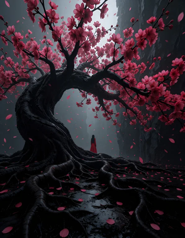 Red Forest,,wide Shot Of An Ancient, Gnarled Cherry Blossom...