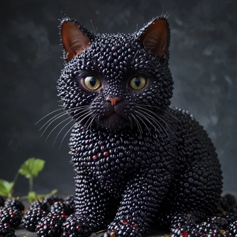 Blackberryworld, A Cute Cat Rendered Entirely From Dense Bla... — SDXL AI Prompt: blackberryworld, A cute cat rendered entirely from dense blackberry clusters, de...