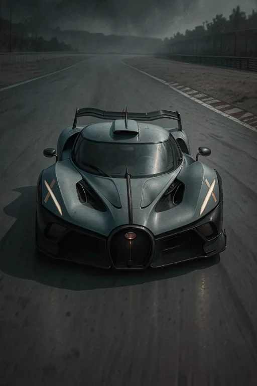A Bugatti Hypercar Is Centered On A Racetrack, Facing Forwar...