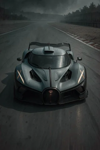 A Bugatti Hypercar Is Centered On A Racetrack, Facing Forwar... — FLUX AI Prompt: A Bugatti hypercar is centered on a racetrack, facing forward with its front whe...