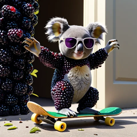 Blackberryworld, A Koala In Sunglasses Crashing Through A Do... — SDXL AI Prompt: blackberryworld, a koala in sunglasses crashing through a door on a skateboard,...