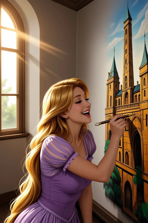 Rapunzel Painting A Mural On Her Tower Wall, Golden Hair Cas...