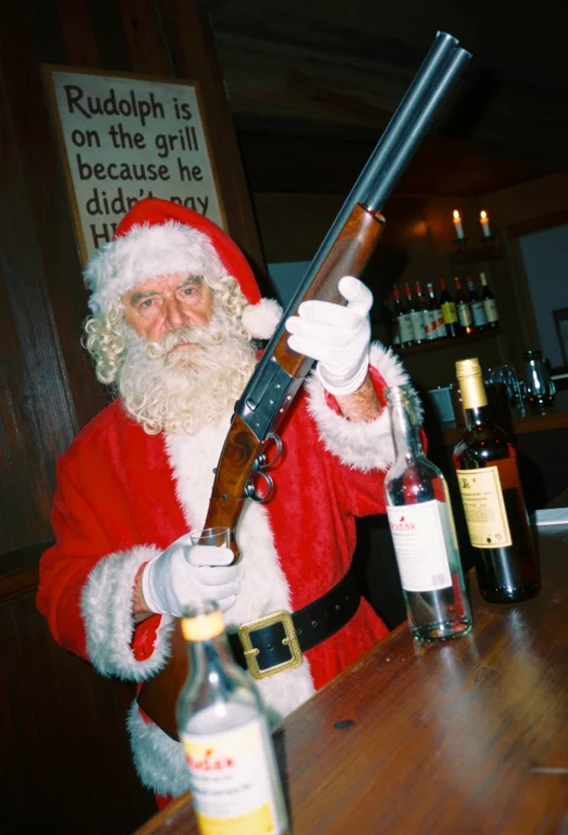 An Elderly Man Dressed As Santa Claus, Standing Behind A Woo...
