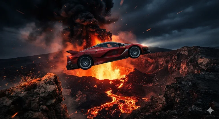 Car Jumping Across Volcano