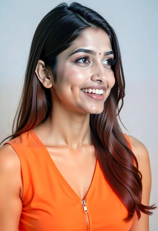 Close-up Portrait Of A Cheerful South Asian Woman Looking Sl...