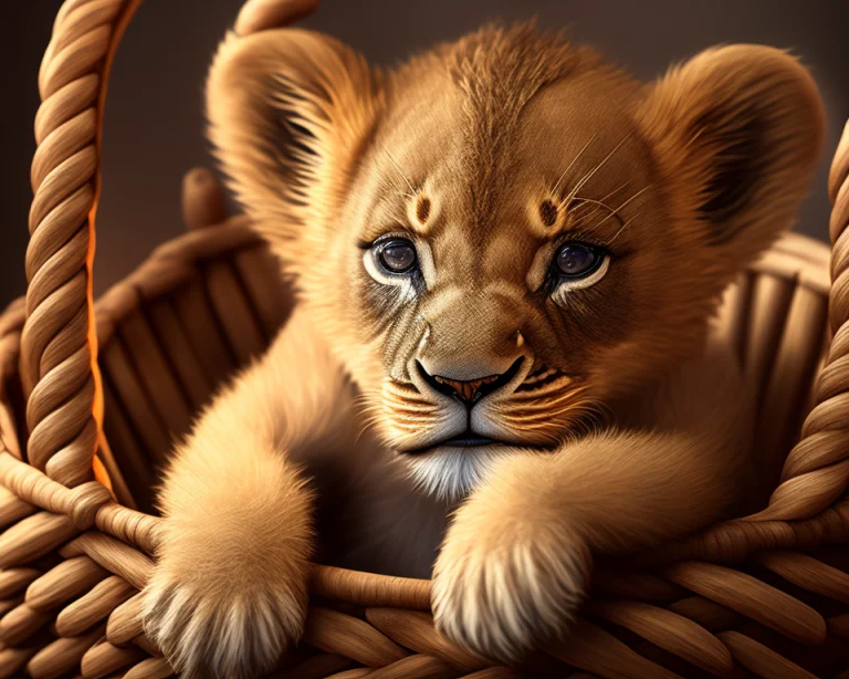 A Cute Lion Cub In A Comfy Wooden Basket, Photoreal, Shot Us...