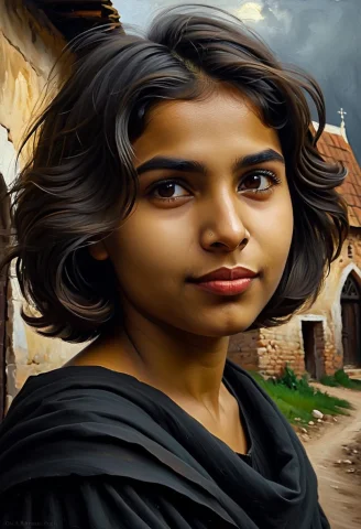 Classical Oil Painting, Side View, Short Cute Moody Iraniant... — SDXL AI Prompt: (((classical oil painting))), (side view), (((short cute moody Iranian/Thai girl...
