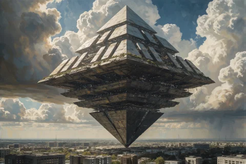 Epic Concept Art Illustration Of An Inverted Pyramid City Ba... — Stable Diffusion AI Prompt: Epic concept art illustration of an inverted pyramid city balanced impossibly on...