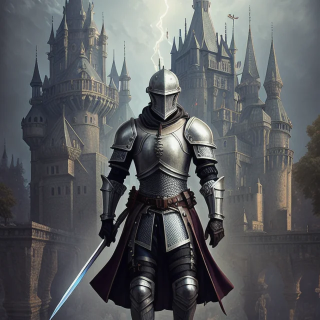Medieval Knight In Shining Armor With Cyberpunk Style Monogr...