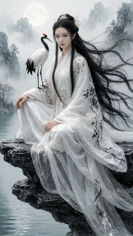 A Graceful Moon Elf With Long Flowing Black Hair Sits Cross-...