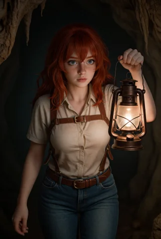 A Photograph Of L33na, She Slowly Explores A Dark Cavern Ill... — Stable Diffusion AI Prompt: A photograph of l33na, she slowly explores a dark cavern illuminated only by a l...