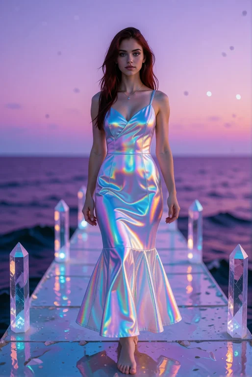 A Young Woman Stands On A Crystal Pier Extending Into A Purp...