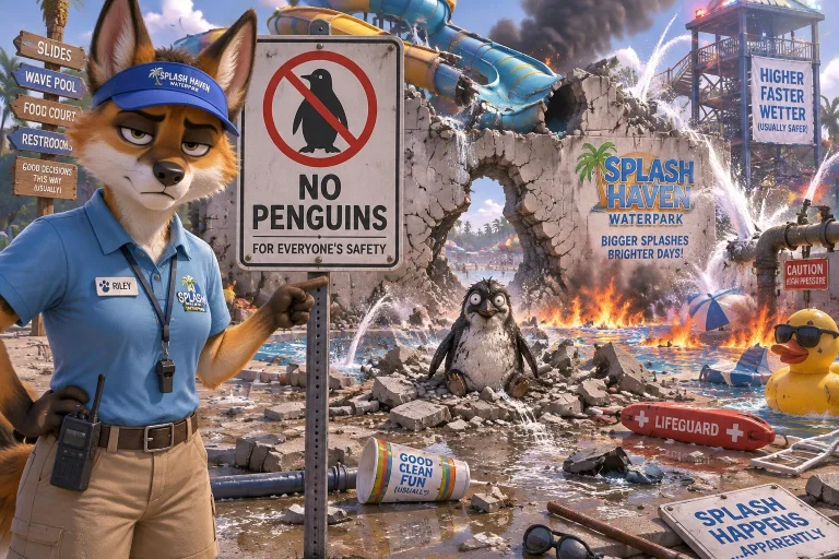 A Wildly Absurd Aftermath At A Colorful Outdoor Waterpark. A...