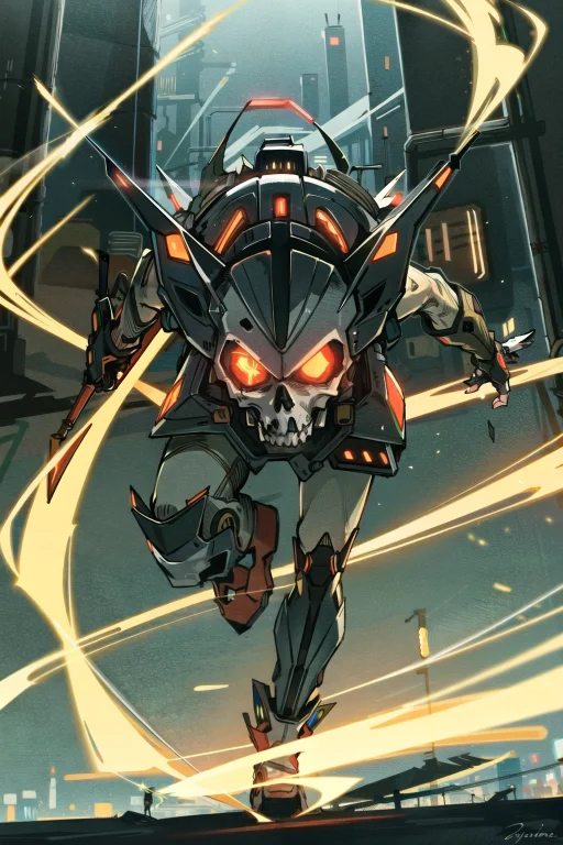 A Cyborg Assassin, With Glowing Red Eyes, Neon Cityscape1.1...