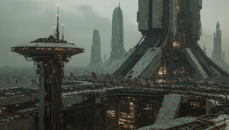 This Is A Dystopian Cityscape At Dusk. The Image Features A...