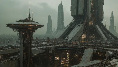 This Is A Dystopian Cityscape At Dusk. The Image Features A... — Stable Diffusion AI Prompt: This is a dystopian cityscape at dusk. The image features a wide, horizontal com...