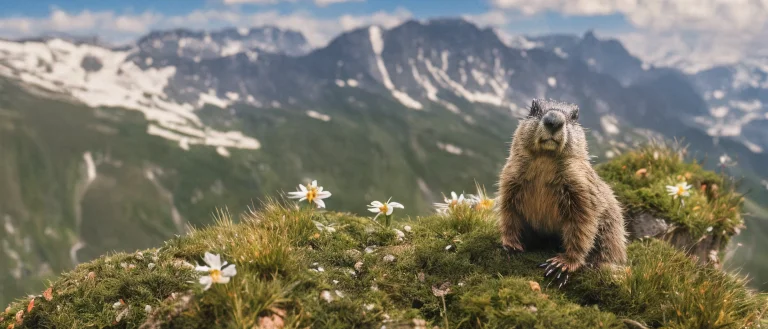 Classicnegative Photo Of A Cute Marmot Sitting On A Mossy Ro...