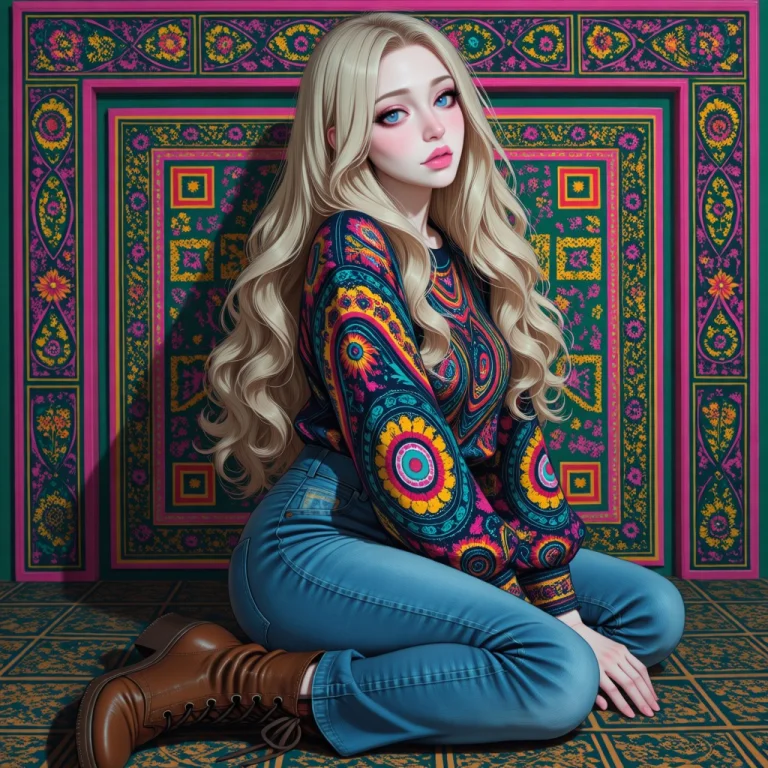 A Long Wavy Blonde Hair Woman, Pale Pink Lips, Blue Eyes, Br...