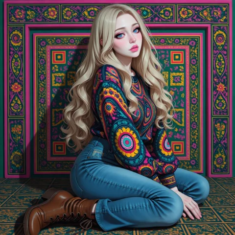 A Long Wavy Blonde Hair Woman, Pale Pink Lips, Blue Eyes, Br... — Stable Diffusion AI Prompt: a long wavy blonde hair woman, pale pink lips, blue eyes, brown boots, bell bott...