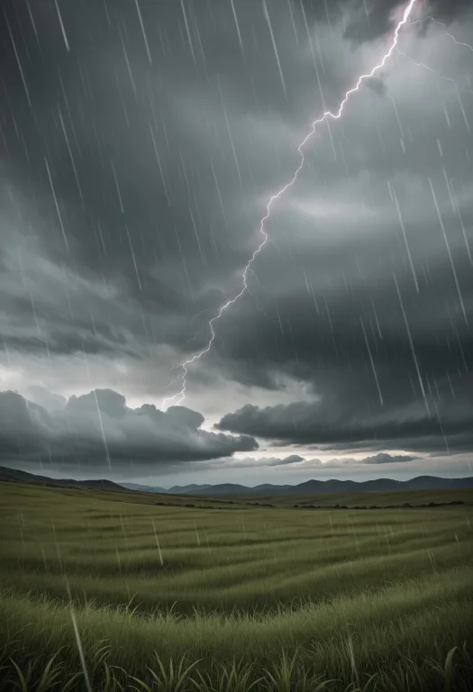 Wide Green Valley With Rolling Hills. Dark Gray Storm Clouds...