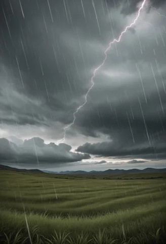 Wide Green Valley With Rolling Hills. Dark Gray Storm Clouds... — Stable Diffusion AI Prompt: Wide green valley with rolling hills. Dark gray storm clouds above. Bright yello...