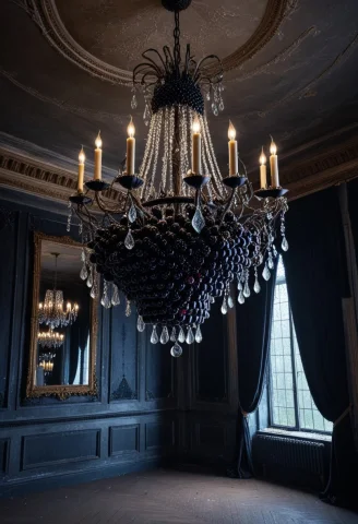 8k, Raw Digital Photo, Blackberryworld Crystal Chandelier Ha... — SDXL AI Prompt: 8k, Raw digital photo, blackberryworld crystal chandelier hanging inside an aban...