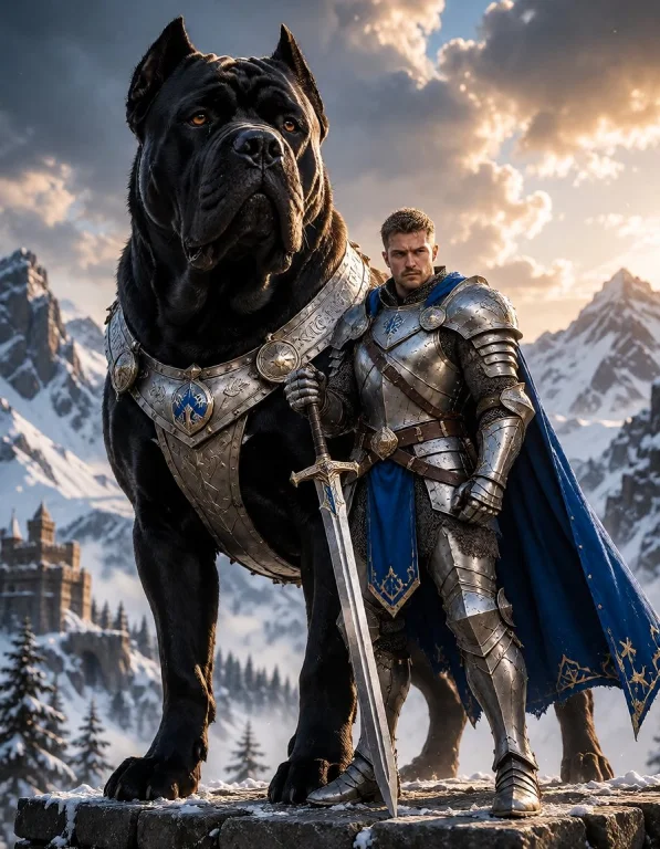A Gigantic Cane Corso Standing Beside A Battle-worn Male Kni...
