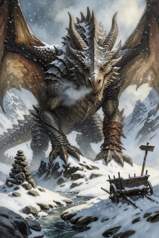 A Massive Armored Dragon Standing Motionless On A High Mount...