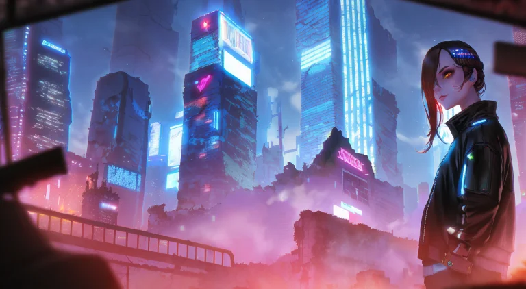 Girl, Eyes, Face, Cyberpunk, Ruins, Mist, Night, Masterpiece...
