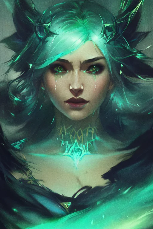Close Portrait Of Ruinedlol Gwen, Dramatic Lighting, Green M...