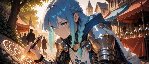An Adult Knight With Ocean-blue Hair That Fades To Seafoam A... — Stable Diffusion AI Prompt: An adult knight with ocean-blue hair that fades to seafoam at the tips, cool ice...