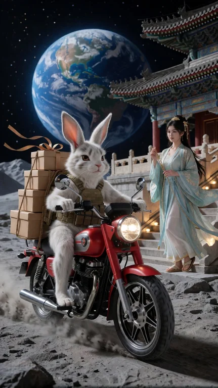一只白色的拟人兔子,长长的耳朵内侧粉红,棕色眼睛,表情专注,...