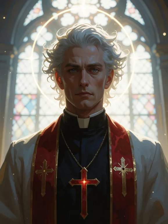 Portrait Of An Aasimar Cleric With A Faint Radiant Halo, Cat...