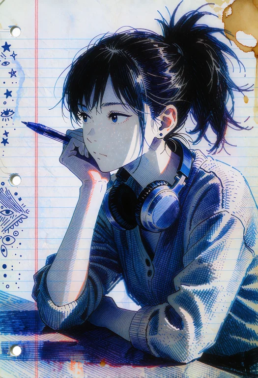 Blue Ballpoint Pen Drawing Of An Anime Character On Lined No...