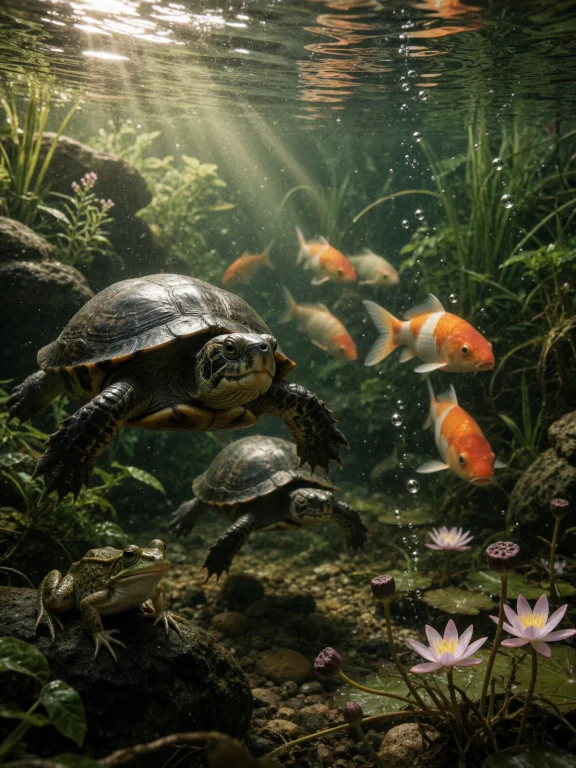 The Image Shows A Realistic Underwater View Of A Sunlit Gard...