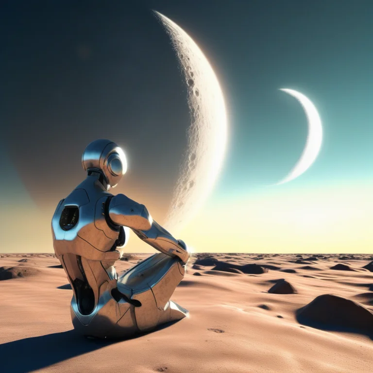 A Lone Android Watching Two Moons Rise, 3d Render, Dappled S...