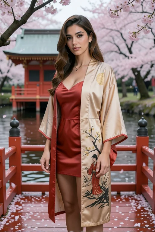 A Young Woman Stands Among Cherry-blossom Snow In A Floating...