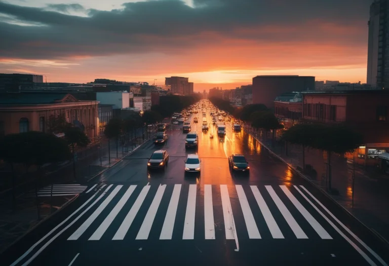 A City Crosswalk Shining After A Night Rain, Photograph, Sun...