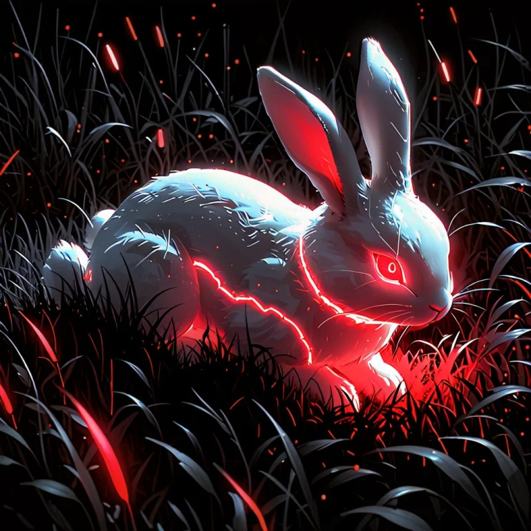 Rabbit In Grass Made Of White And Whit Red Glow, Whiteember