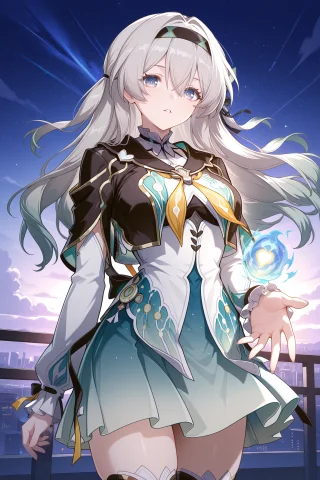 Fireflyhsr, Defaultoutfit, Long Hair, Bangs, Hairband, Grey... — Stable Diffusion AI Prompt: firefly(hsr), defaultoutfit, long hair, bangs, hairband, grey hair, long sleeves...