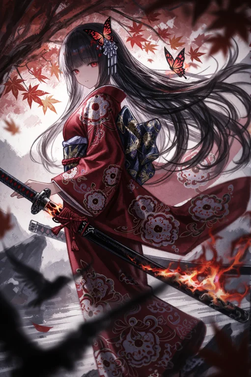 1girl, Long Hair, Solo, Japanese Clothes, Weapon, Sword, Red...