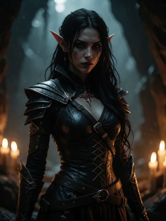 Portrait Of A Dark Elf Assassin In Black Leather, Candlelit...