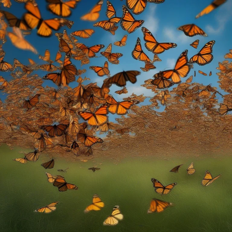 A Cloud Of Monarch Butterflies Over A Meadow, 85mm Portrait...