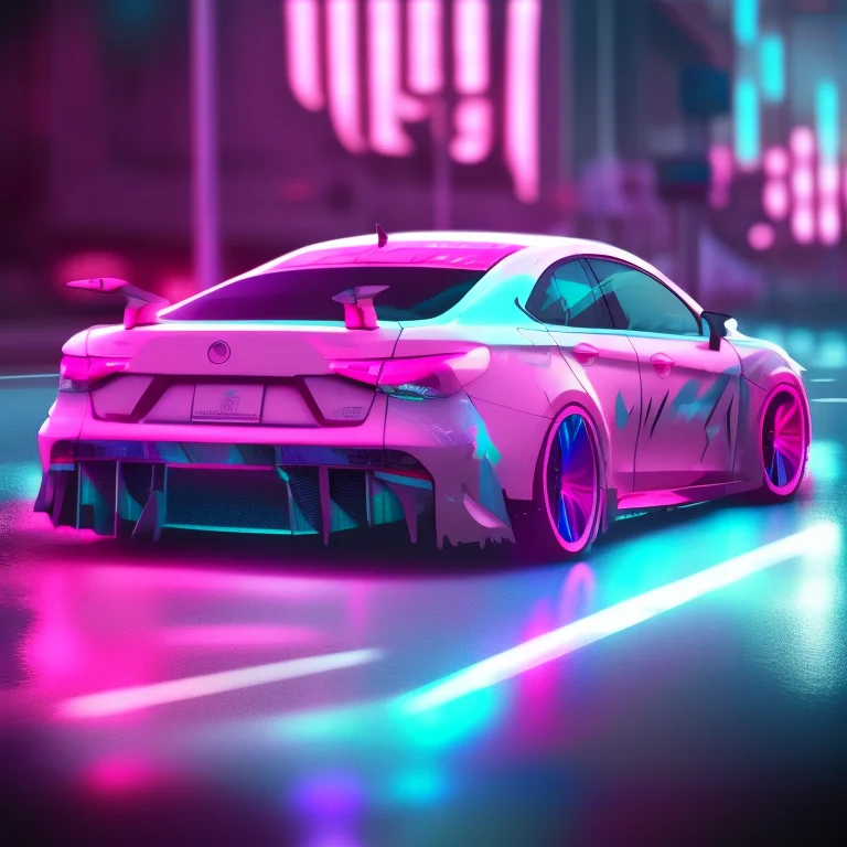 A Photo Of A Car Parked On A City Street With A Neon Light O...