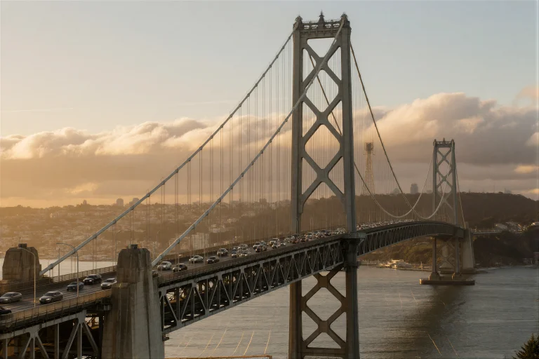 An Enormous Suspension Bridge Spans A Vast Bay, Its Towers R...