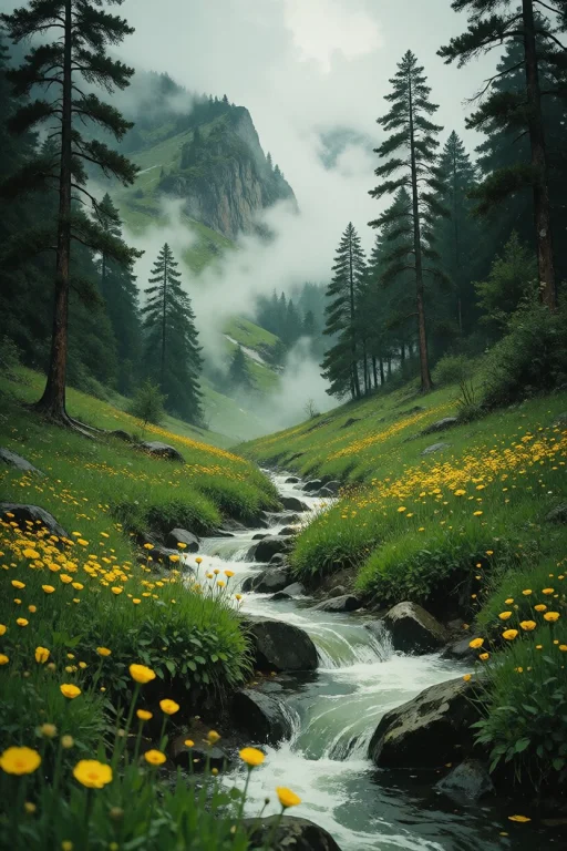 Nature, A Lush Landscape Photograph Of A Mountain Valley Wit...