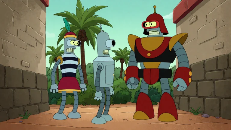 Ftrmssn9, Three Stylized Robotic Figures Stand In A Narrow A...