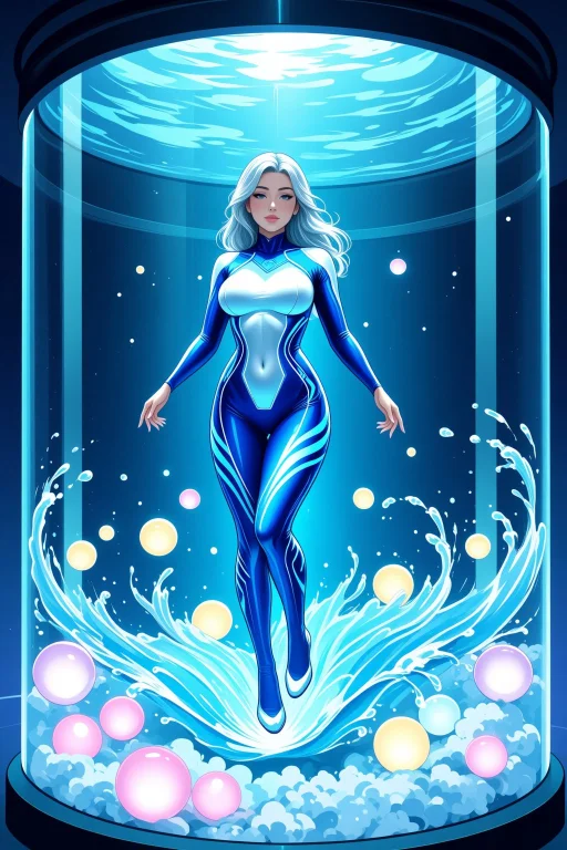 Zero-g Yoga Pose, Woman With Sleek Body Suit Pulsing In Blue...