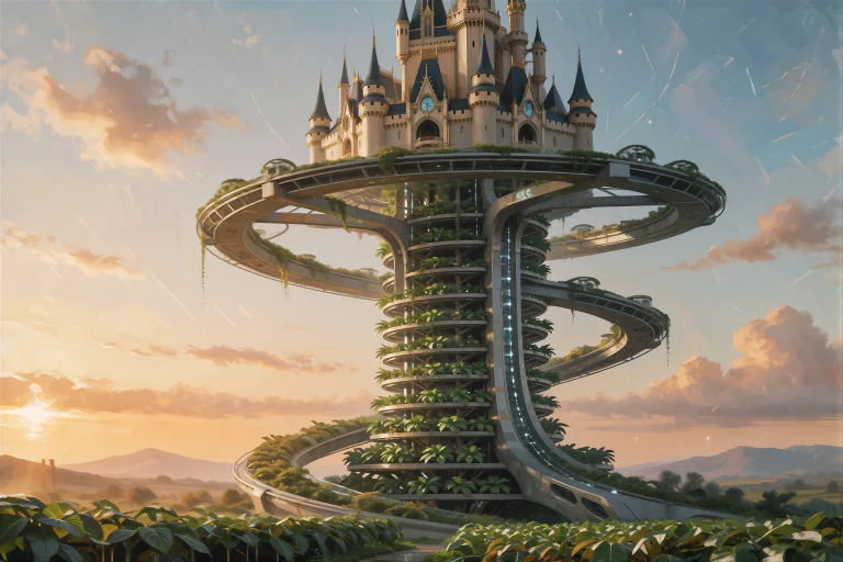 Digital Painting Combining A Futuristic Vertical Farm Tower...
